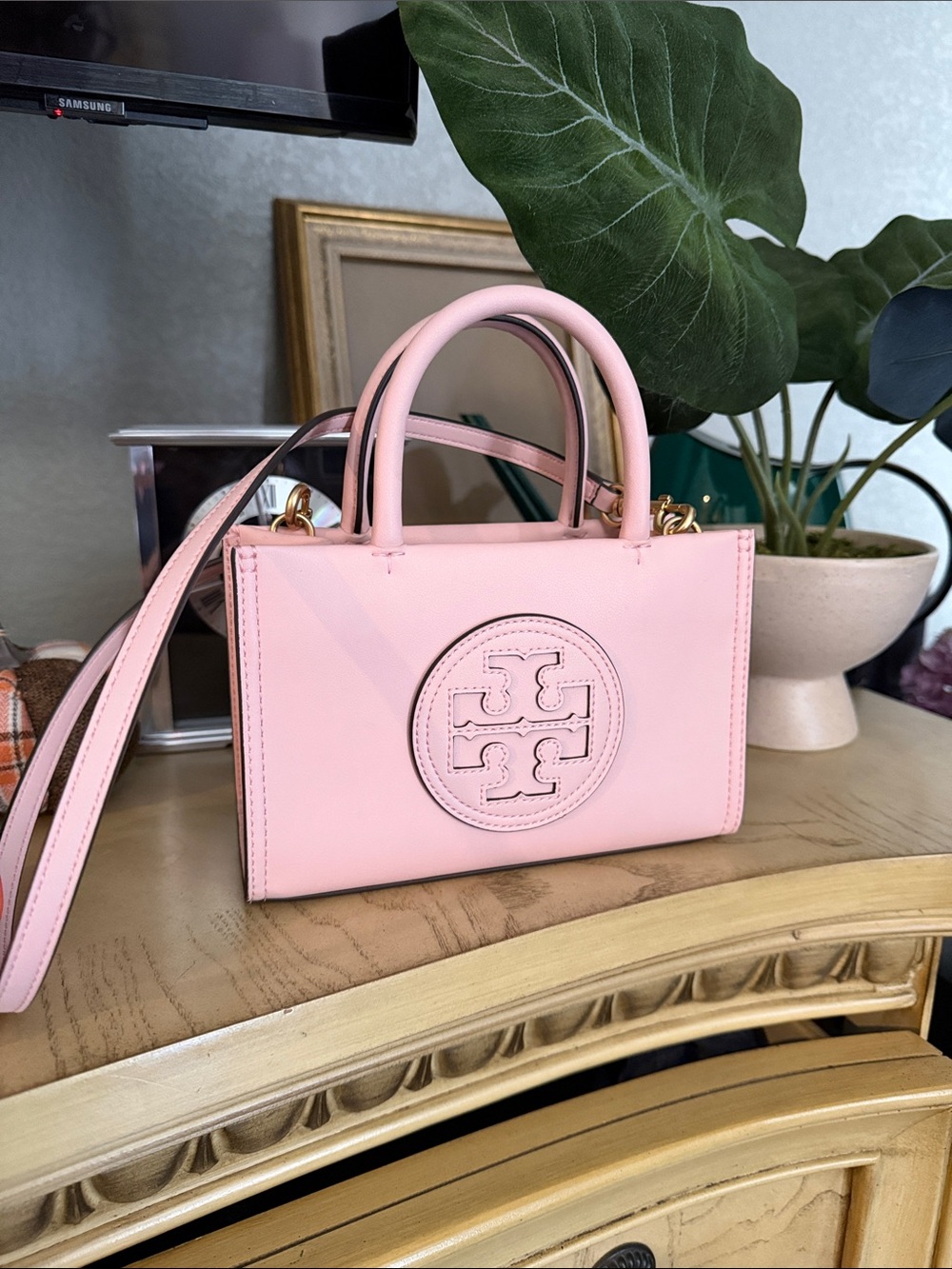 Tory Burch Light Pink Leather Mini Tote with Shoulder Strap